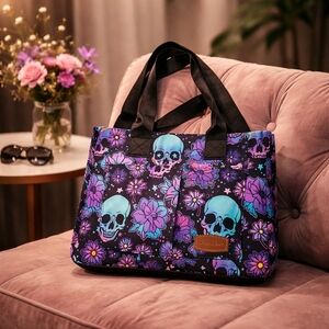 Floral Skull Tote Bag - Black and Purple